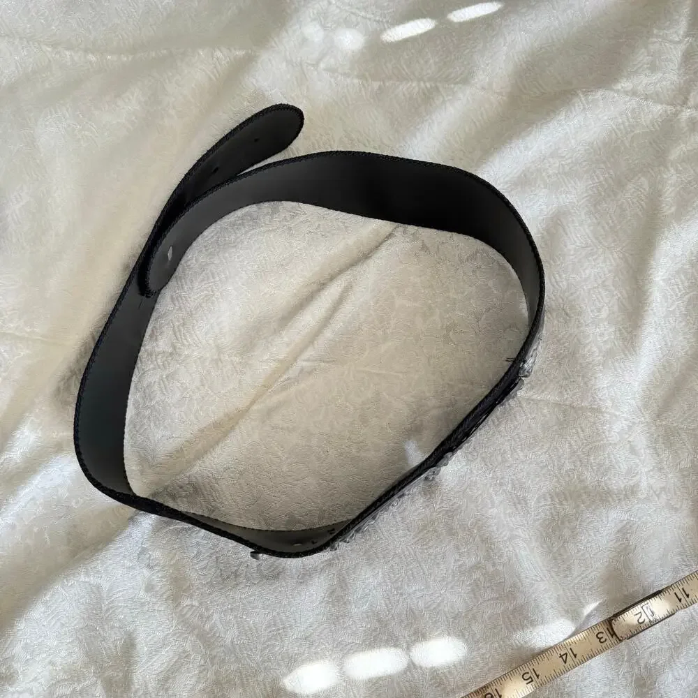 Wide Black Suede Cinch Belt L/XL Baroque Pot Metal Hardware Renaissance Festival